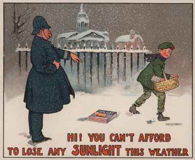 Polizist warnt einen Jungen, der im Schnee geht, dass er sein Seifenpaket fallen gelassen hat: Werbung für Sunlight-Seife von Will Owen